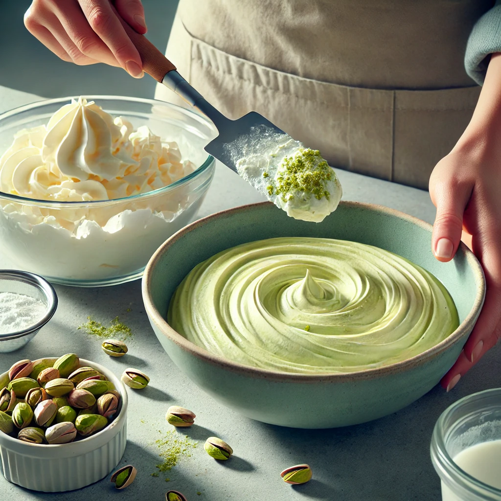DALL·E 2025 03 12 16.45.05 A realistic image of a home baker preparing pistachio mousse. A mixing bowl contains pistachio cream and icing sugar being stirred together. Next to i