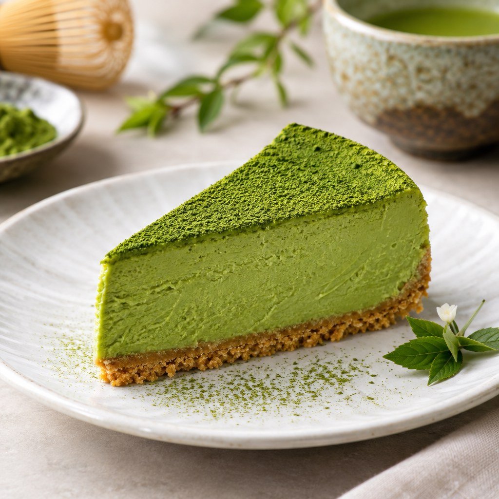 Creamy matcha cheesecake recipe Japanese-inspired green tea dessert with biscuit crust