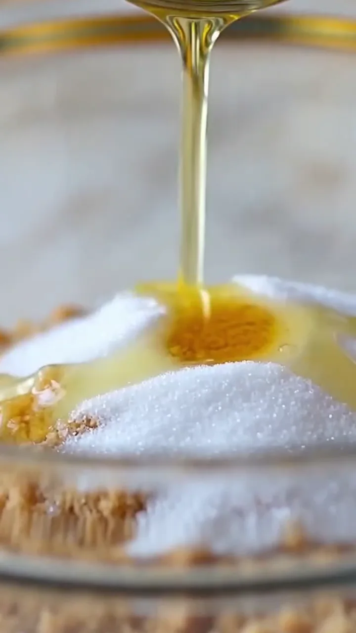 Melted butter being added to graham cracker crumbs for mini lemon cheesecake crust