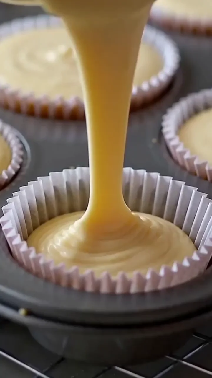 Lemon cheesecake batter poured into muffin cups