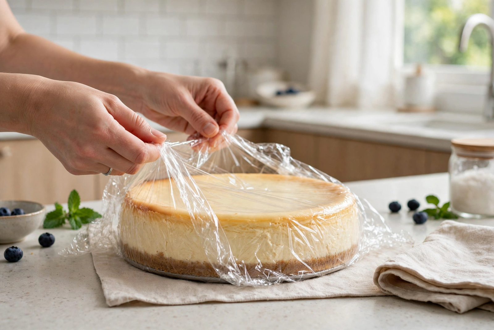 Wrapping cheesecake tightly in plastic wrap for fridge storage