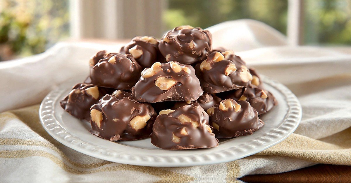 Chocolate peanut clusters piled on a white plate, glossy chocolate coating with roasted peanut pieces showing