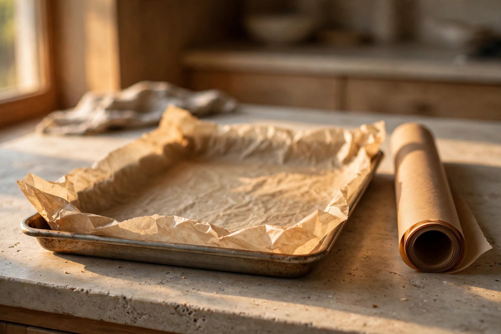 Parchment-lined baking sheets ready on a kitchen counter with a roll of parchment paper