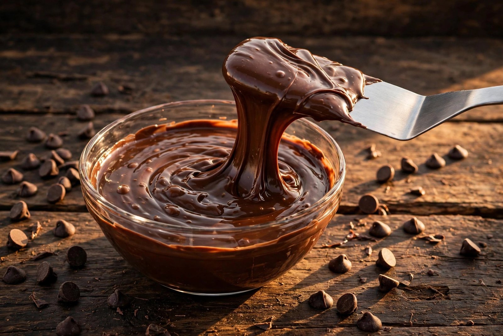Glossy melted semi-sweet chocolate in a glass bowl with a spatula lifting a thick ribbon