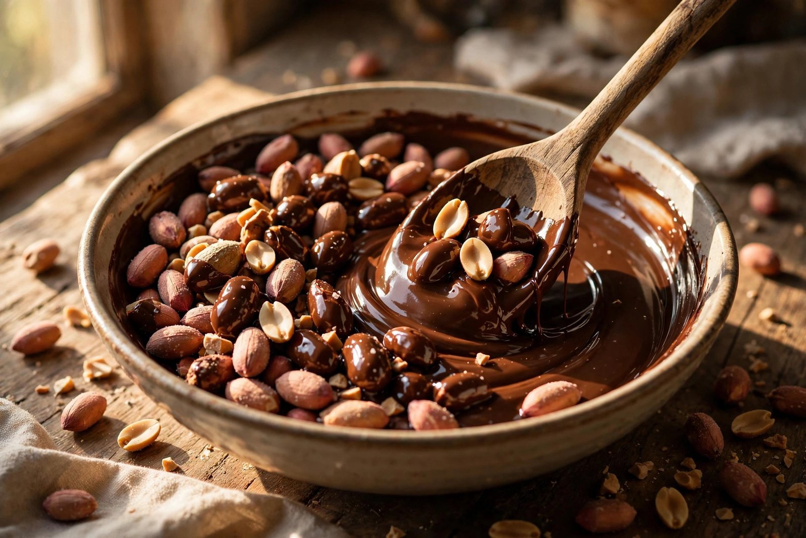 Wooden spoon folding roasted salted peanuts into glossy melted chocolate in a bowl