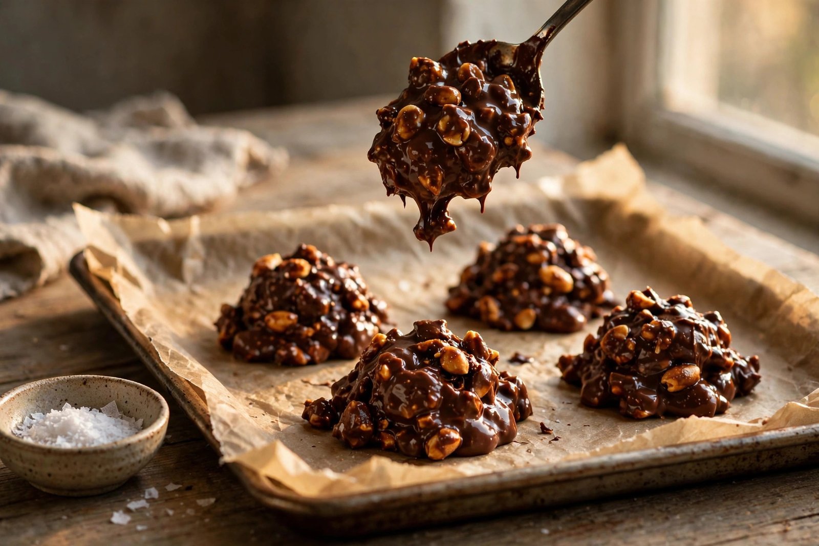 Spoon dropping chocolate-peanut mixture onto a parchment-lined baking sheet with fresh mounds and flaky sea salt