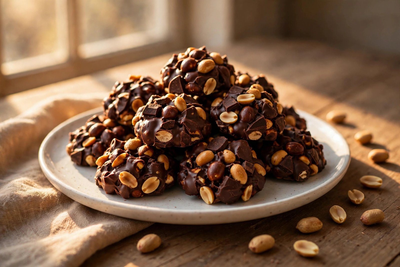 Finished firm chocolate peanut clusters piled on a white plate with scattered peanuts
