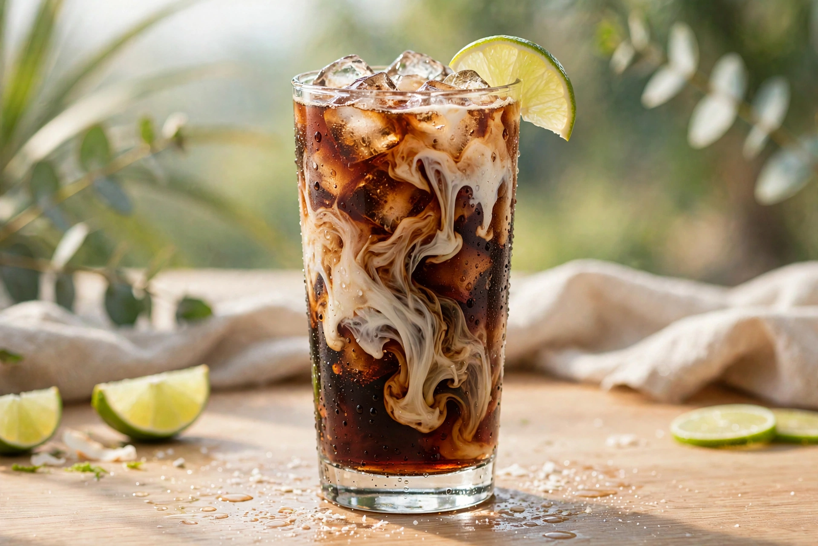 Classic coconut-lime dirty soda with cream swirl and lime wedge