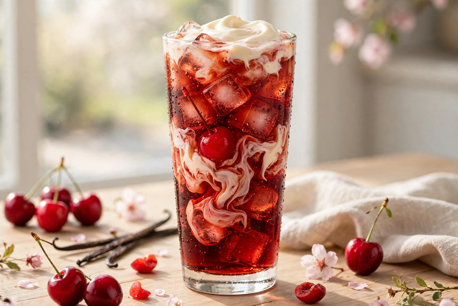 Cherry vanilla dirty soda topped with cream and a maraschino cherry