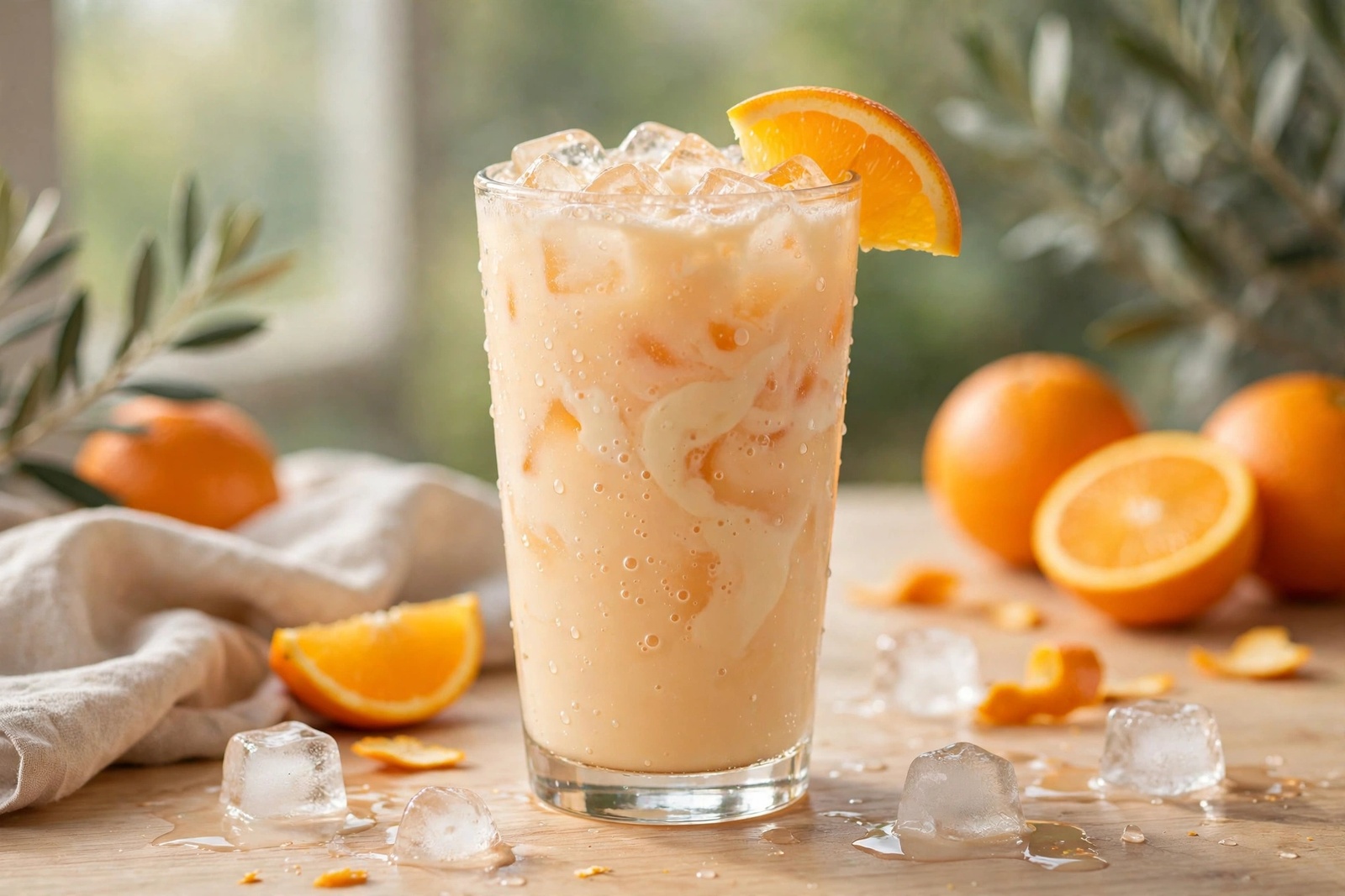 Orange creamsicle dirty soda, pale creamy orange with orange slice