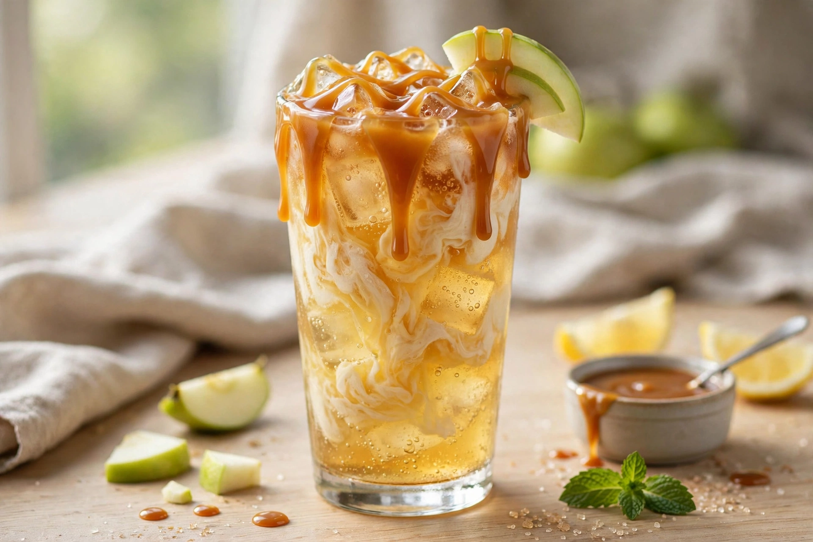 Caramel apple dirty soda drizzled with caramel over ice
