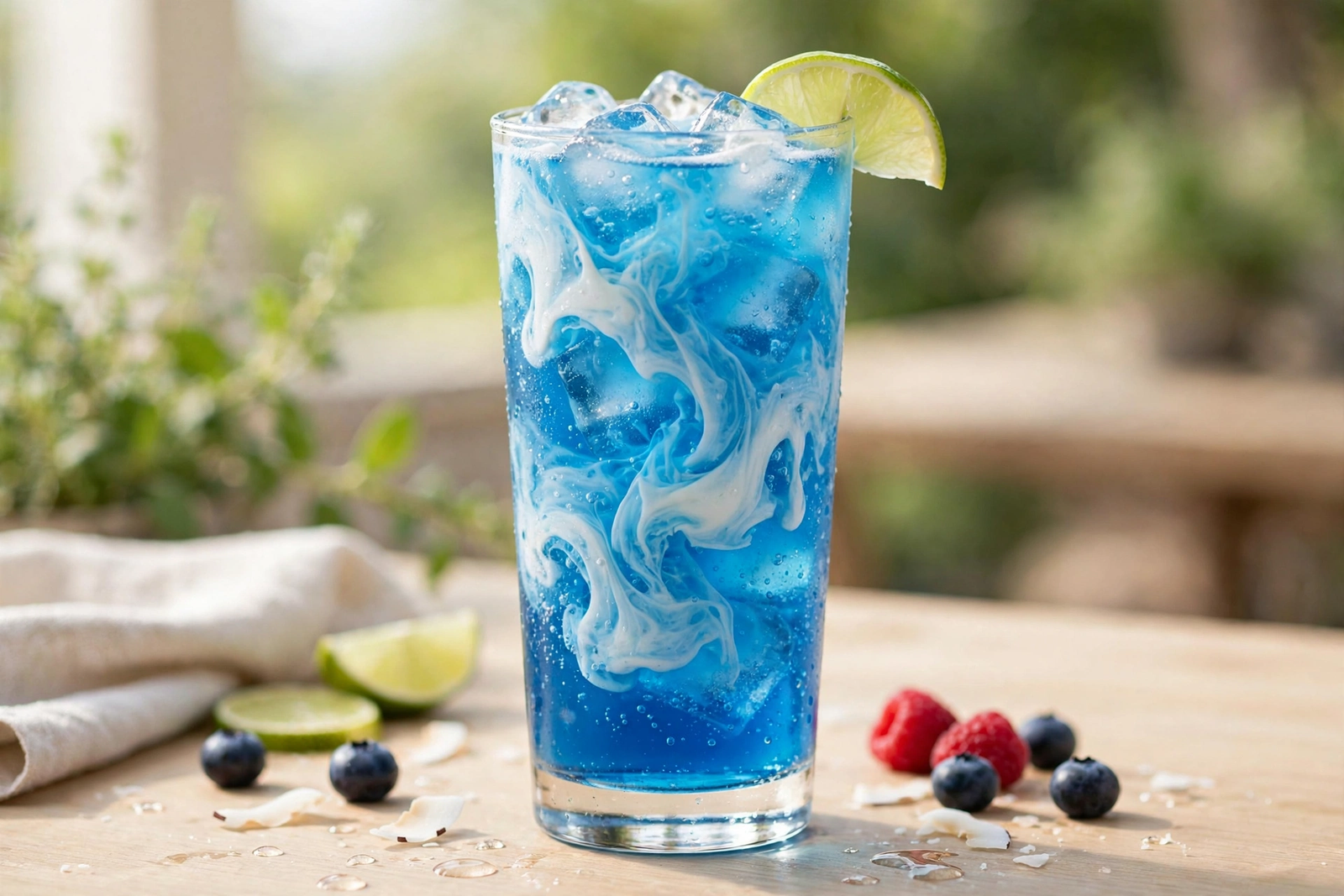 Blue raspberry dirty soda with marbled coconut cream swirl
