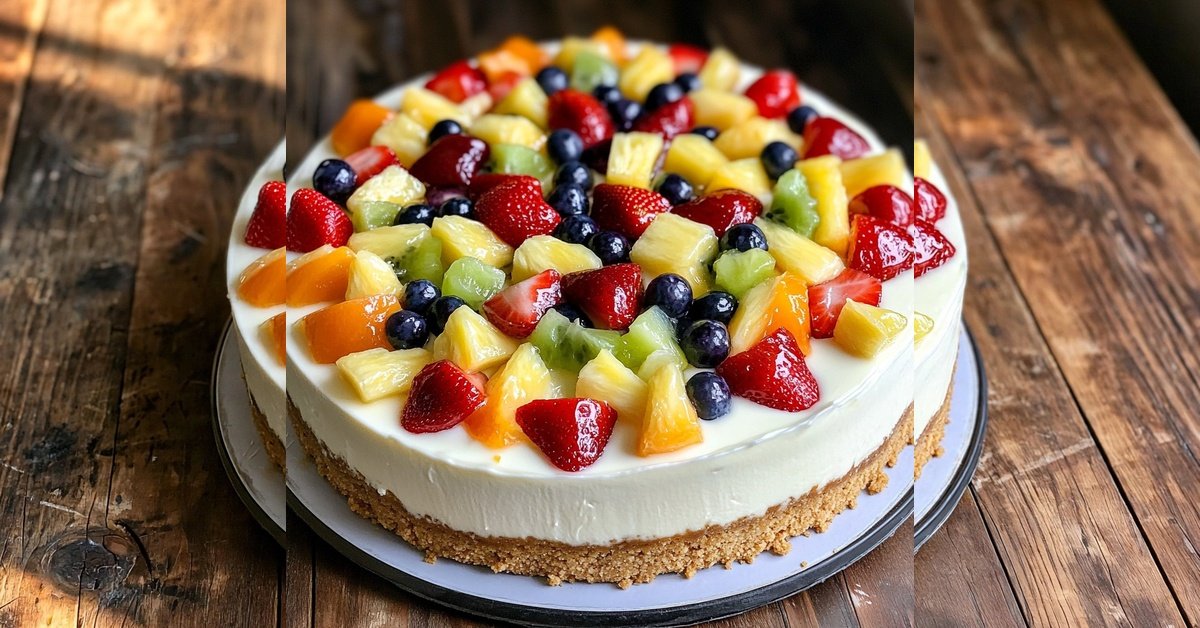 Fruit salad cheesecake recipe: no-bake cheesecake with glossy glazed strawberries, blueberries, pineapple, kiwi and mandarin on thick white filling and golden graham crust