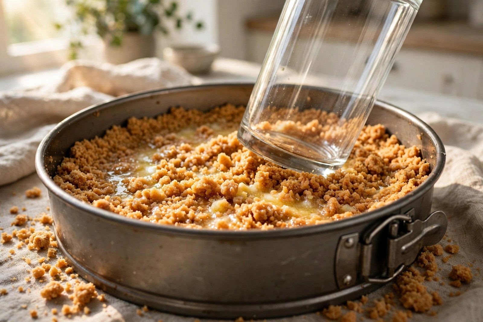 Graham cracker crumbs mixed with melted butter being pressed into a springform pan with the bottom of a glass