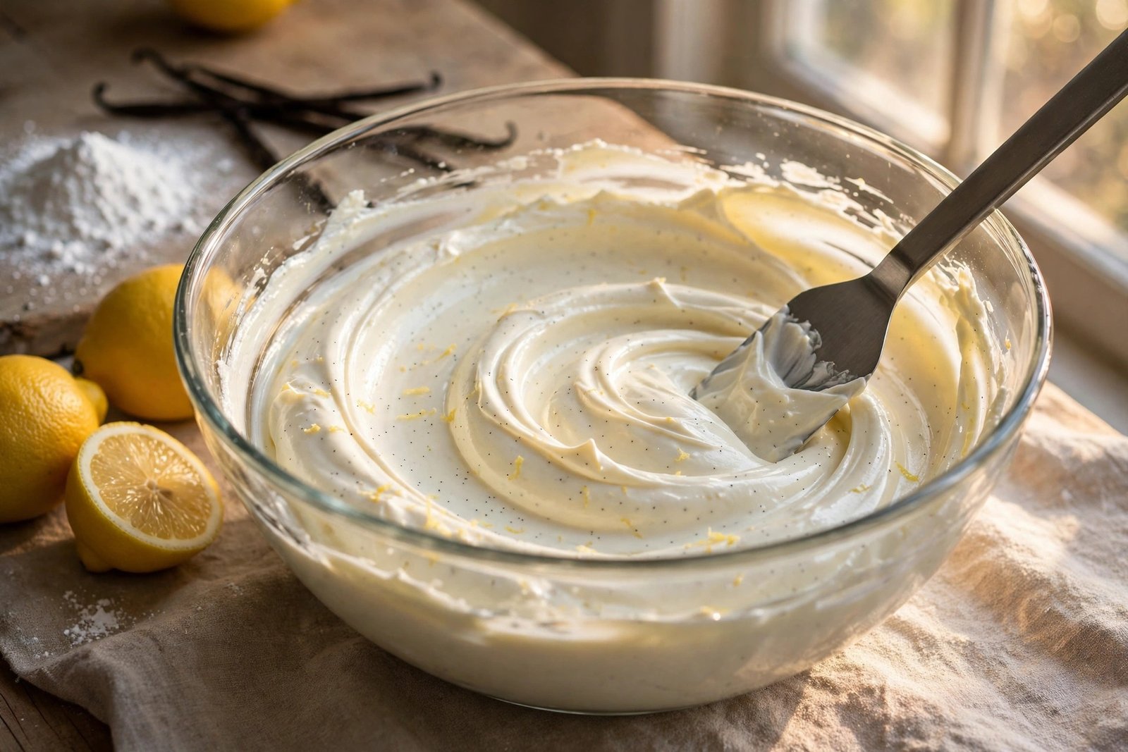 Softened cream cheese being beaten smooth with powdered sugar, vanilla and lemon in a glass bowl