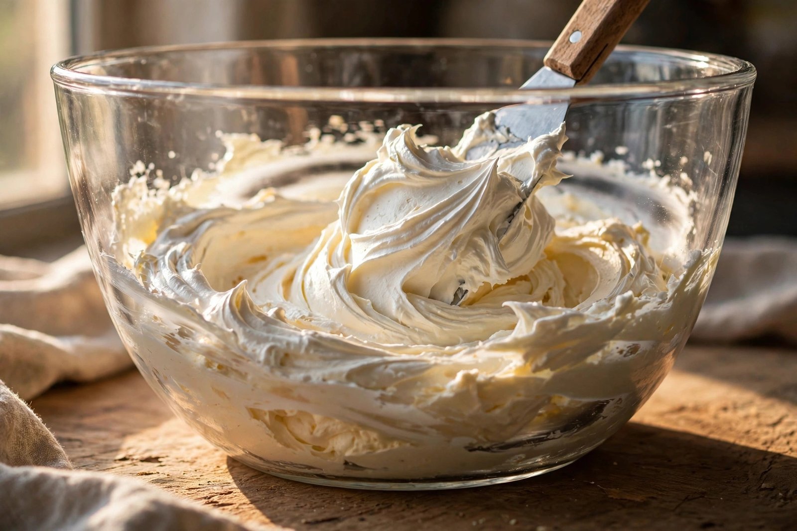 Stiffly whipped cream being folded into the cream cheese mixture with a spatula in a glass bowl