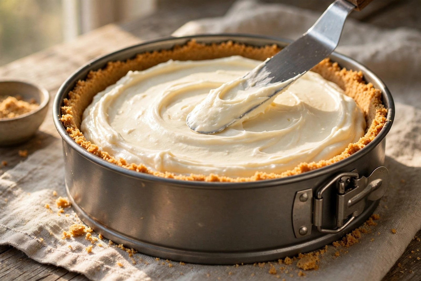 Thick white cheesecake filling being spread over the chilled graham crust in a springform pan