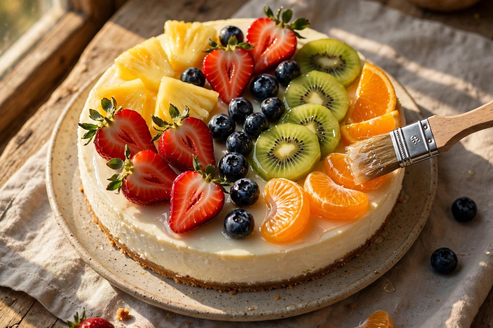 Fresh strawberries, blueberries, pineapple, kiwi and mandarin being arranged over a white cheesecake and brushed with clear glaze