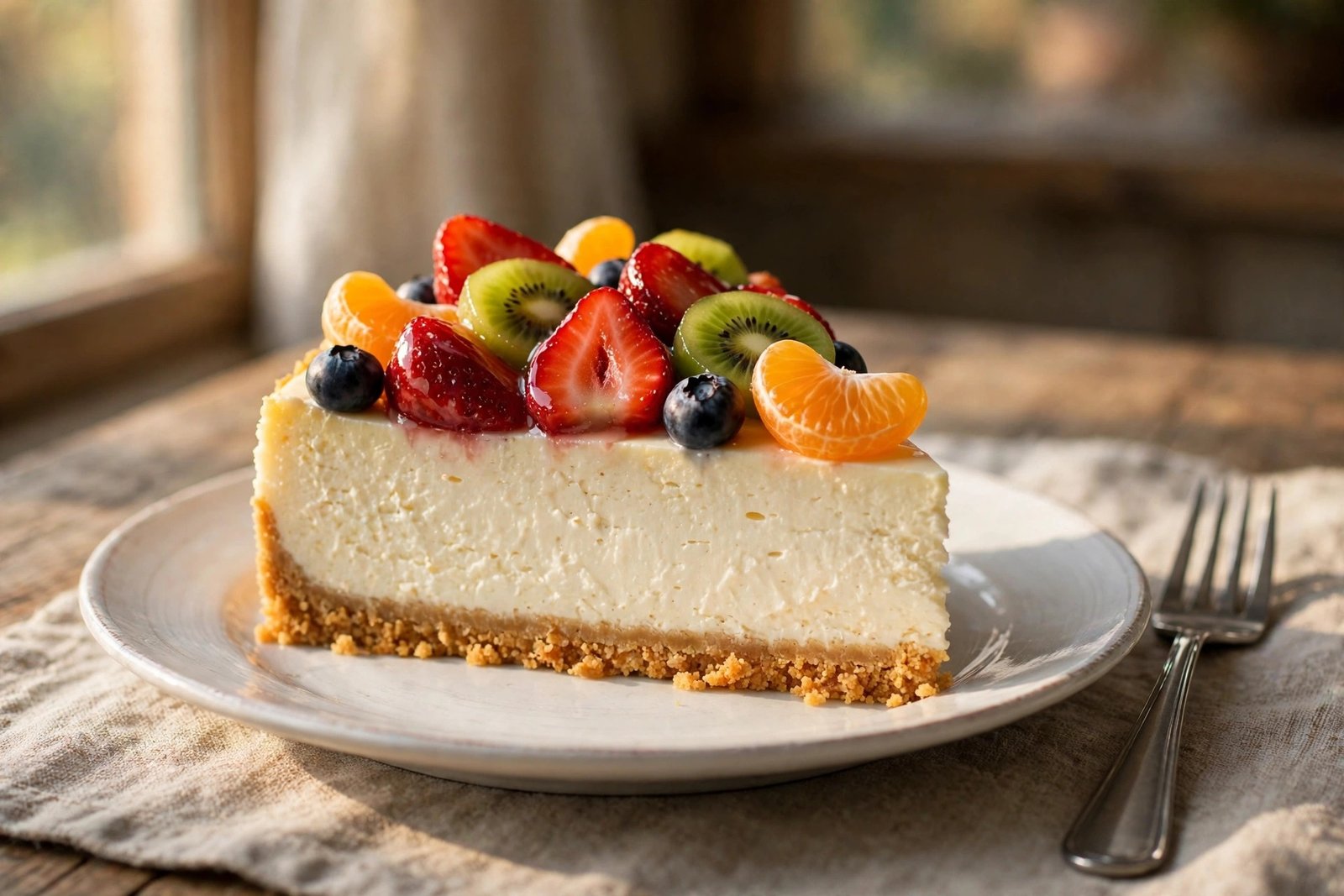 A slice of fruit-topped cheesecake on a white plate showing golden crust, thick creamy filling and glazed fruit