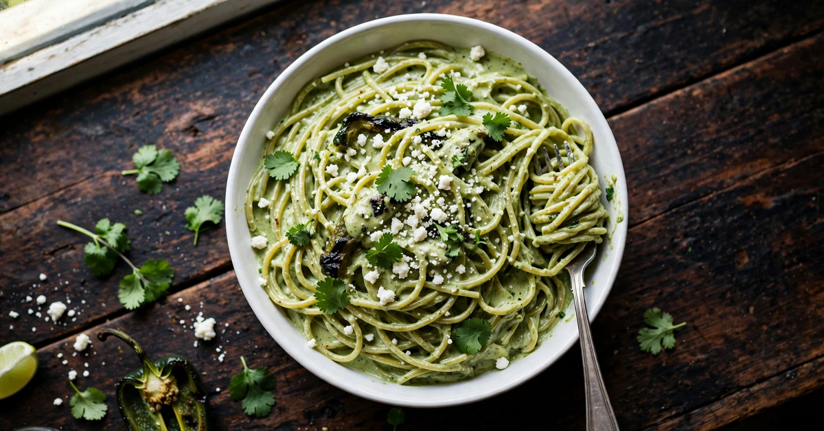 Green spaghetti recipe: creamy espagueti verde with roasted poblano cream sauce topped with cotija