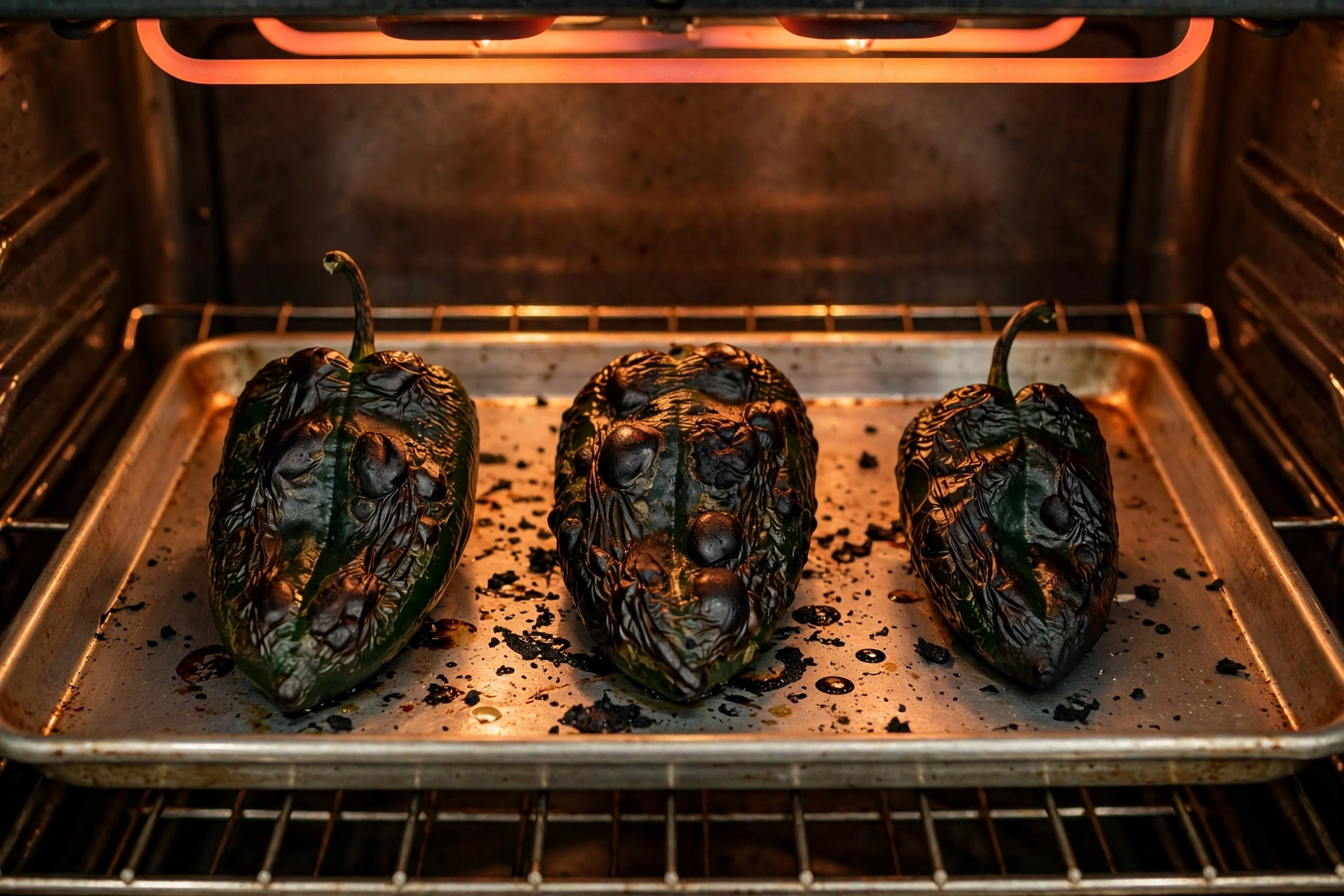 Charred poblano peppers blistered under the broiler on a baking sheet