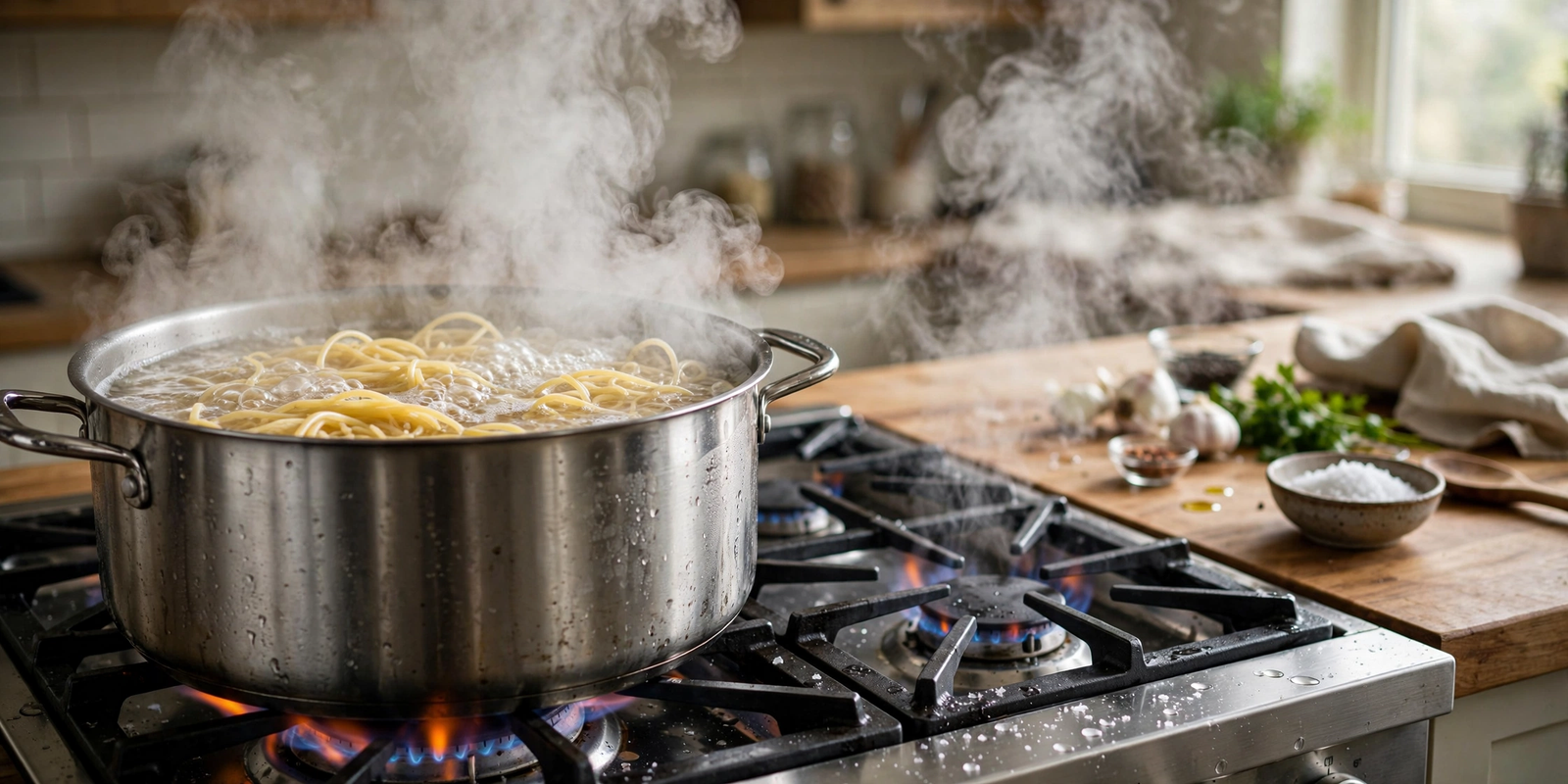 Spaghetti boiling in a large pot of salted water