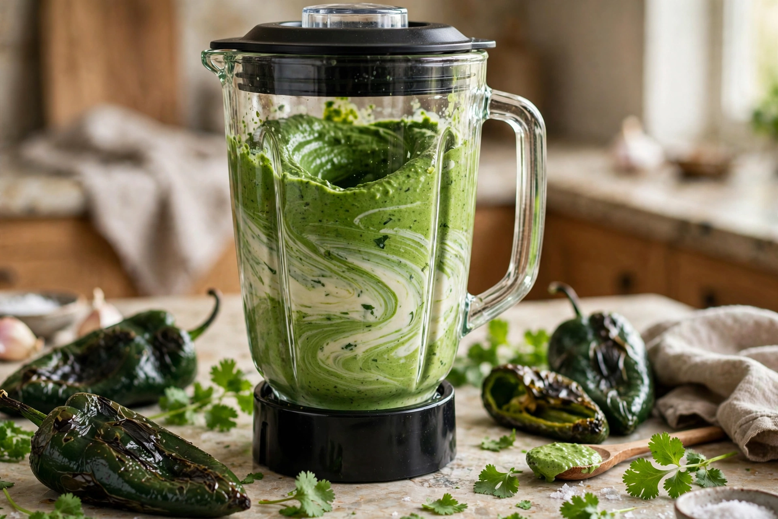Blending roasted poblanos, crema, cream cheese and cilantro into a smooth green sauce