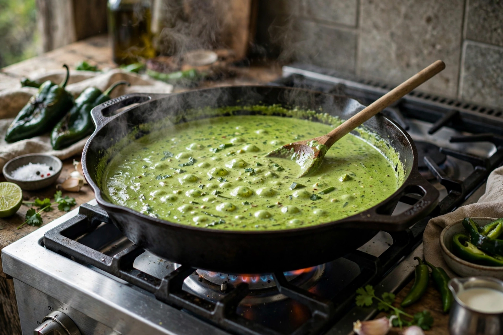 Simmering vibrant green poblano cream sauce in a skillet