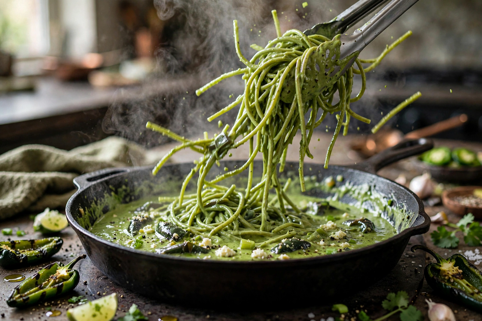 Tossing spaghetti with tongs in green poblano cream sauce