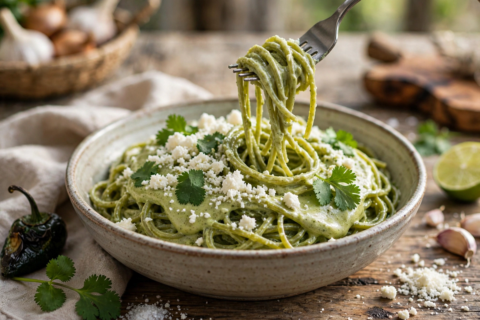 Serving bowl of green spaghetti topped with crumbled cotija and cilantro