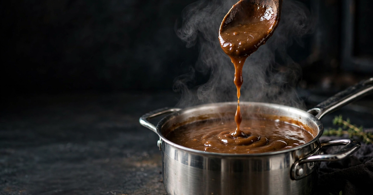 How to thicken a sauce: glossy finished sauce drizzled from a spoon into a saucepan