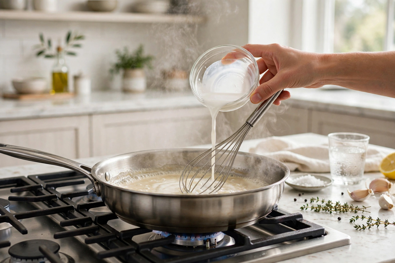 Whisking a cornstarch slurry into a simmering sauce