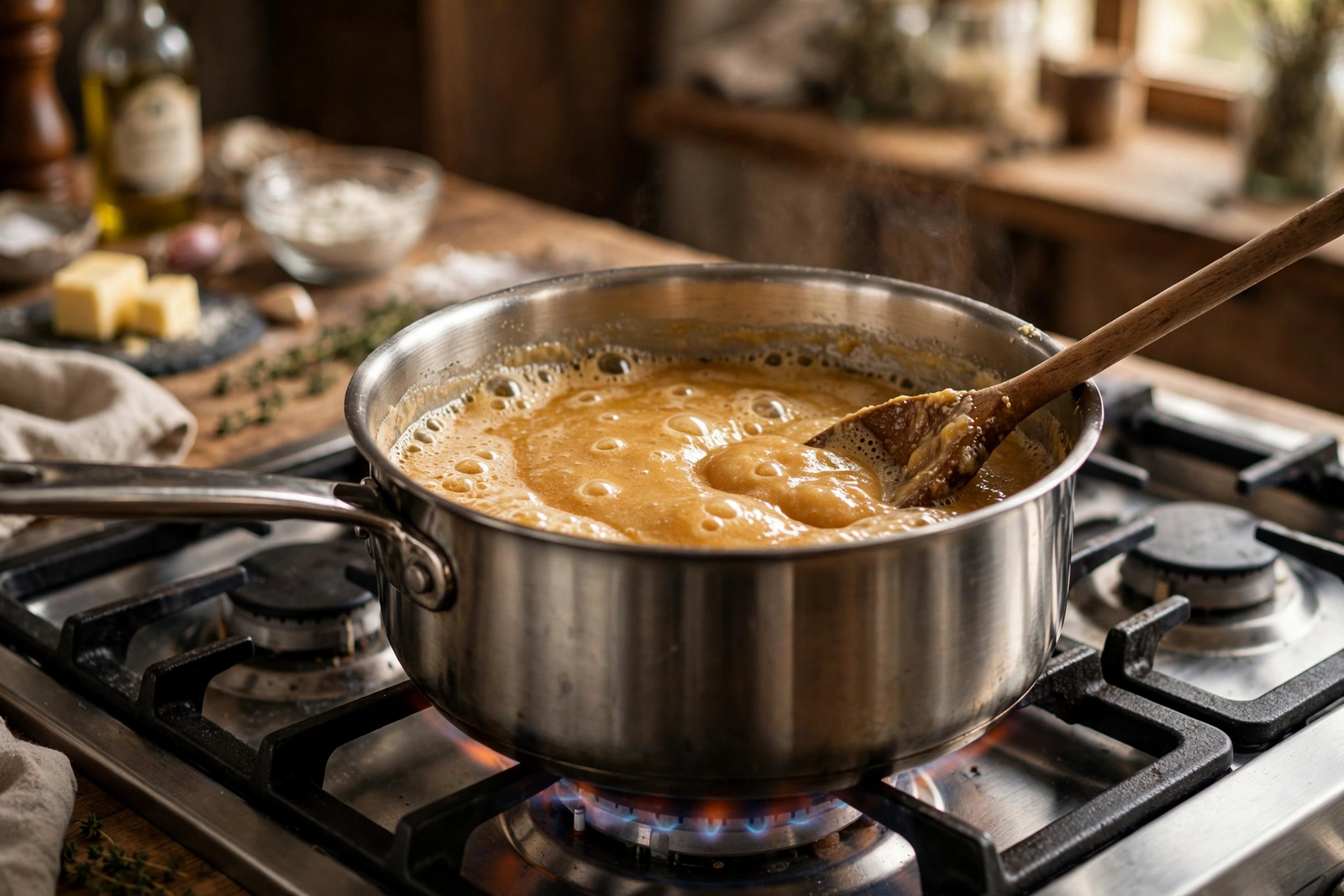 Golden flour and butter roux bubbling in a saucepan