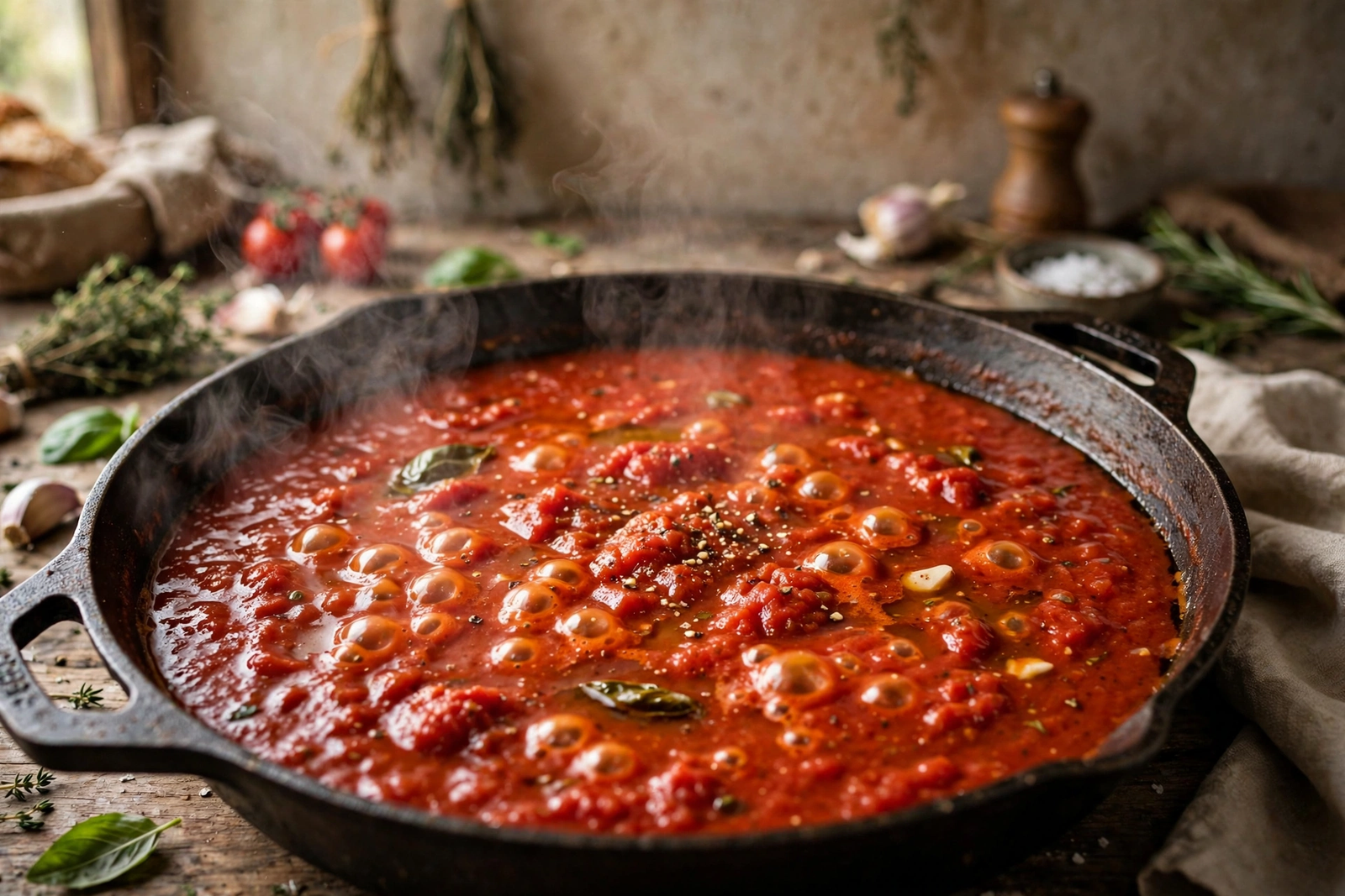 Tomato sauce simmering and reducing in a skillet