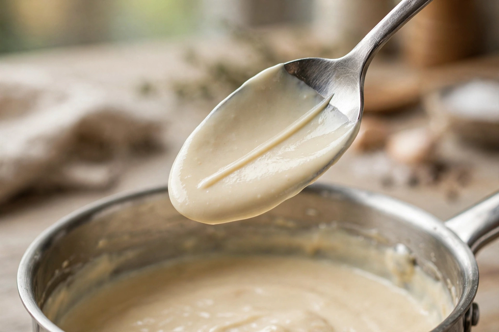 Thickened cream sauce coating the back of a spoon