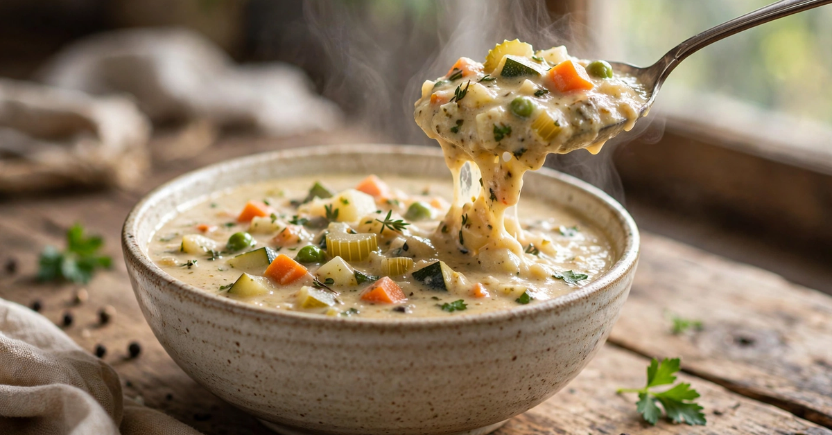 How to thicken soup: a steaming bowl of thick, creamy soup with a spoon