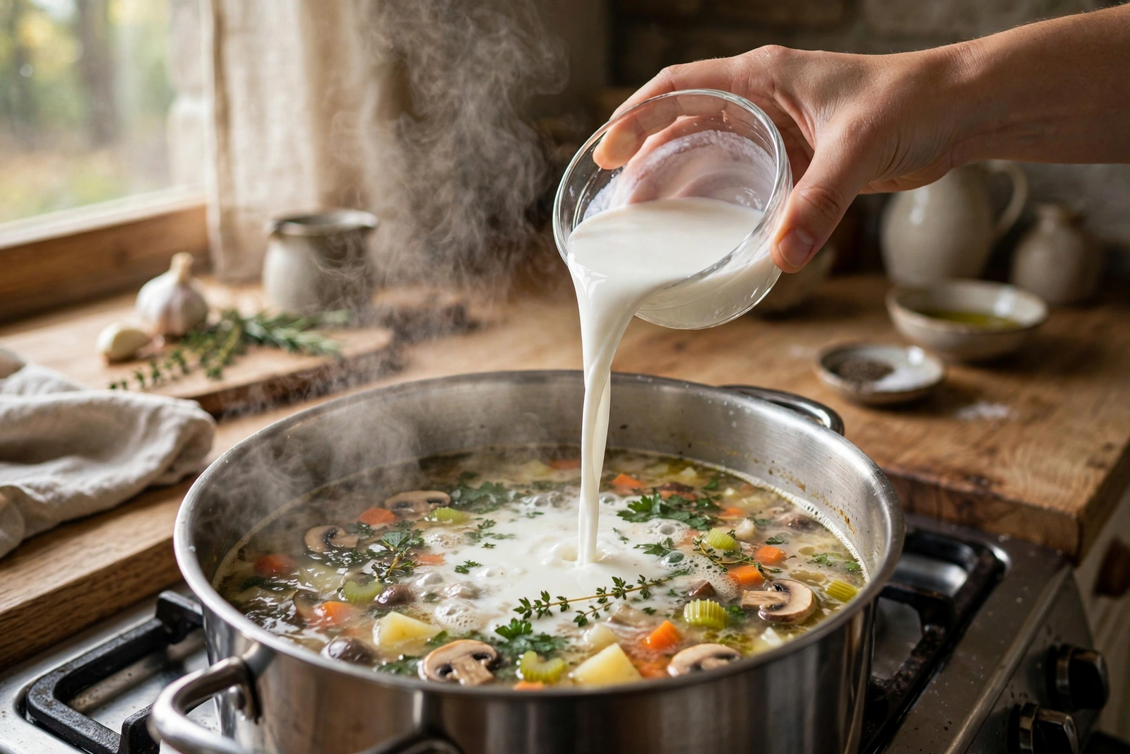 Pouring a smooth cornstarch slurry into a simmering pot of soup