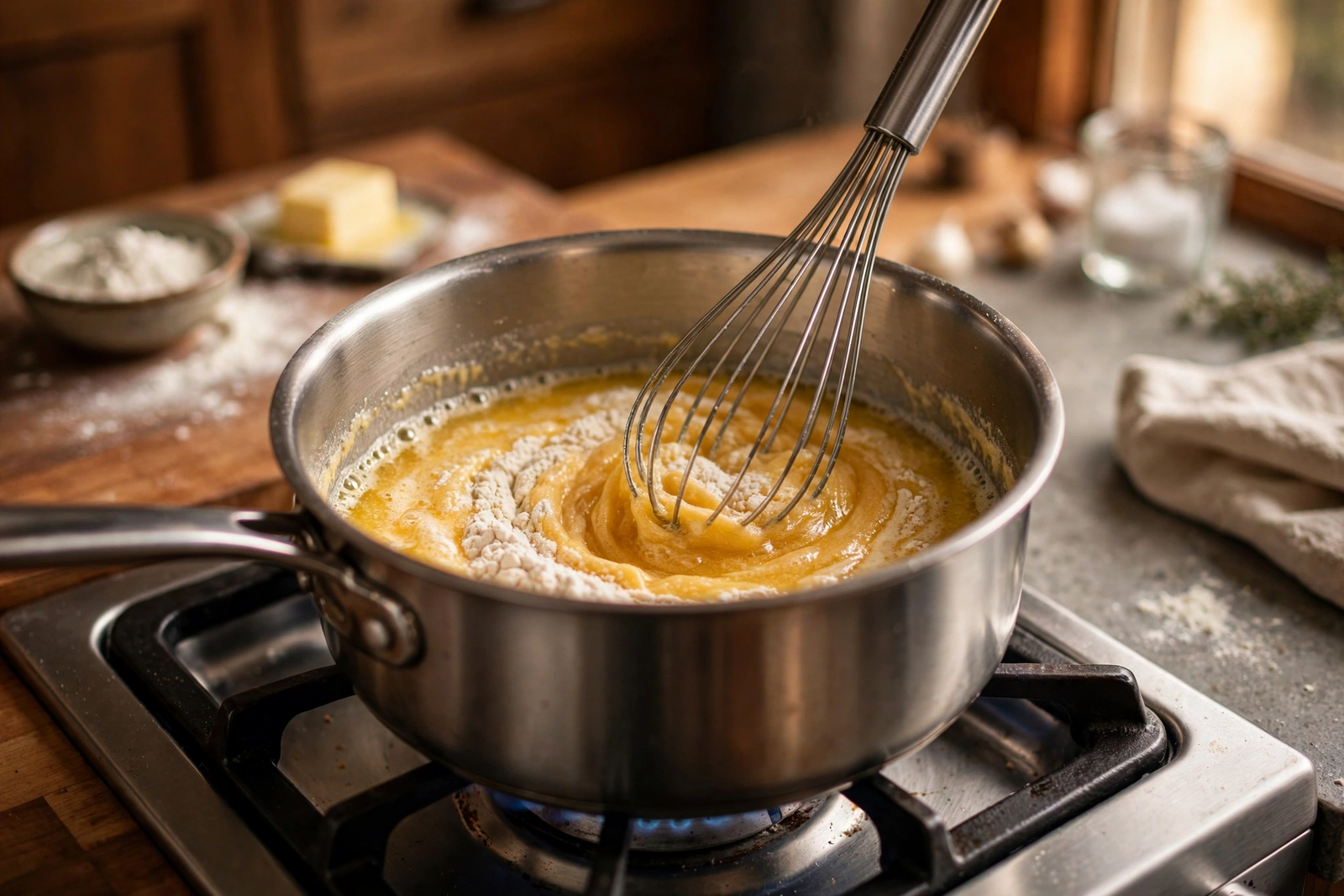Whisking flour into melted butter to make a roux in a saucepan