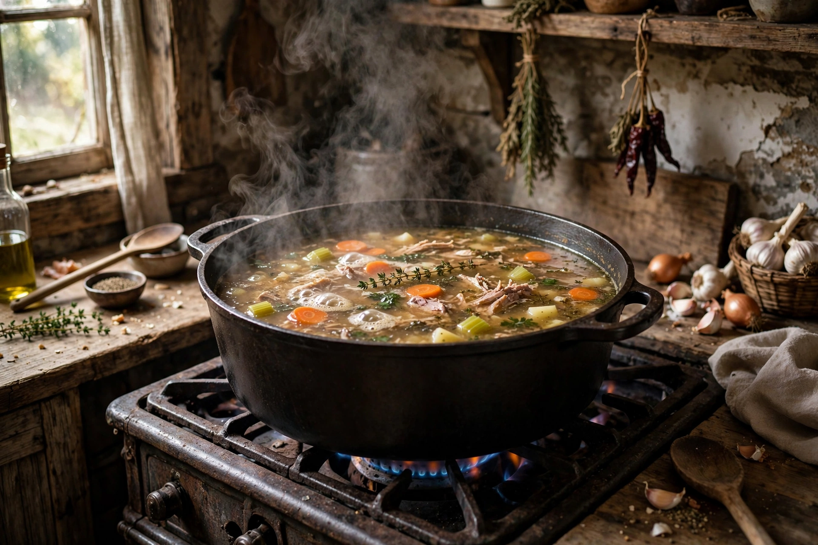 Pot of soup simmering uncovered to reduce and thicken