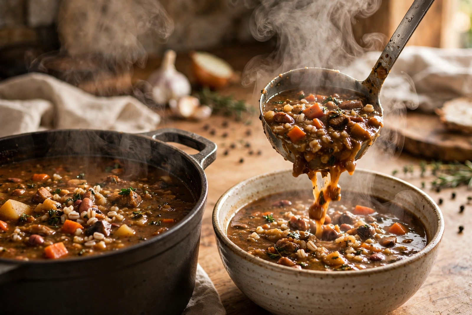 Thick, hearty soup being ladled from a pot into a bowl