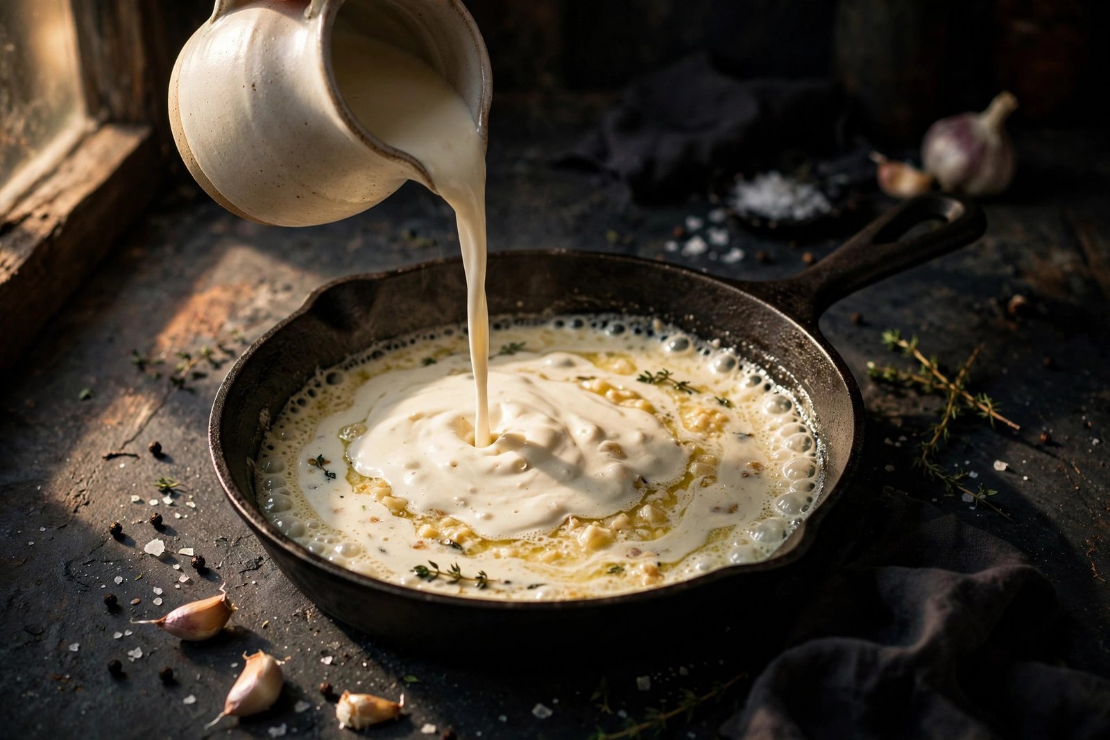 Heavy cream simmering into garlic butter in a skillet with bubbles around the edges